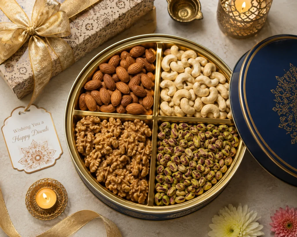 well packaged Diwali hamper box with ribbon for employees