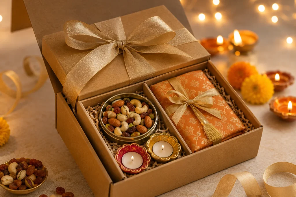 well packaged Diwali hamper box with ribbon for employees
