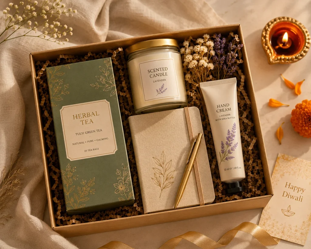 Diwali wellness gift hamper with candles and tea