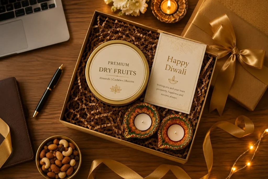 Diwali gift hampers for employees on office desk