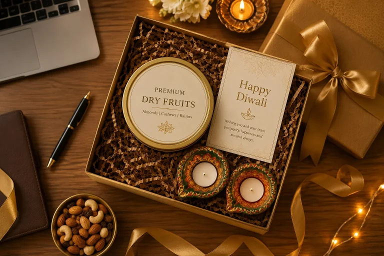 Diwali gift hampers for employees on office desk