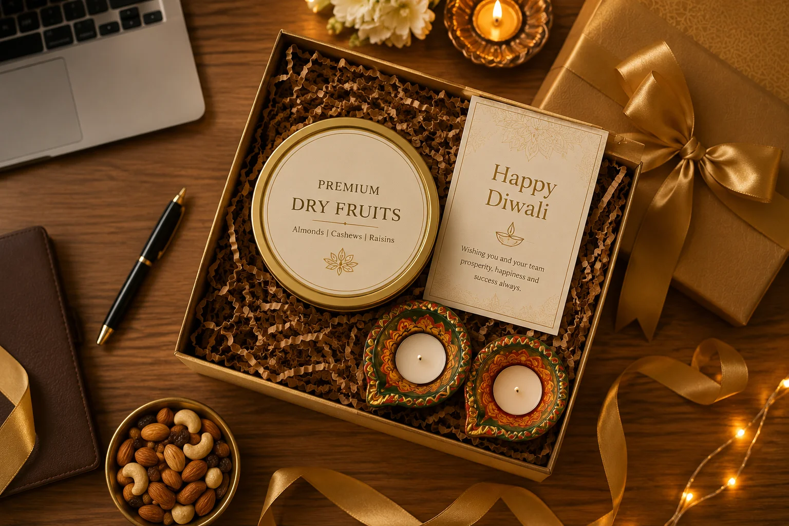 Diwali gift hampers for employees on office desk