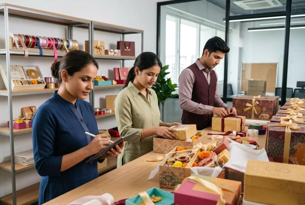 Team packing and quality checking festive gift hampers before dispatch