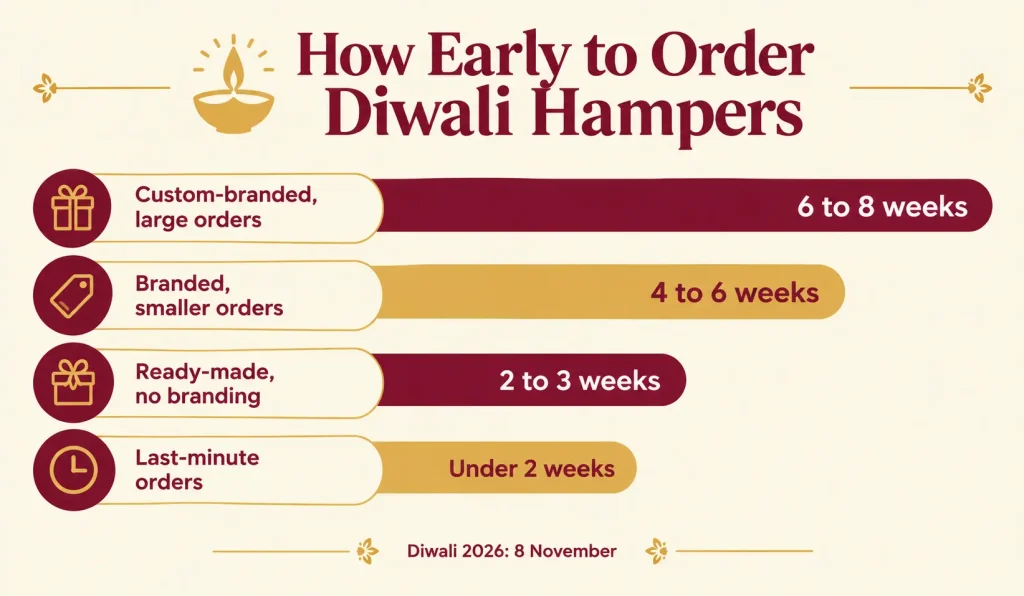 Lead time guide showing how early to order Diwali hampers by order type