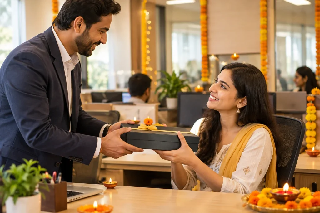 Manager handing a Diwali gift box to an employee in the office